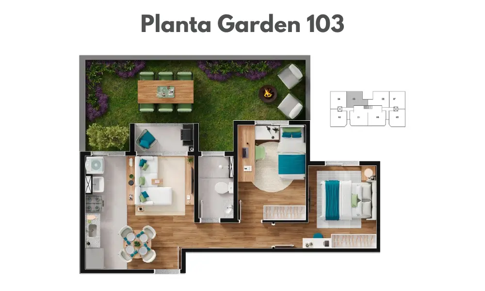 Planta do apartamento garden com jardim privativo no Torres de Novara