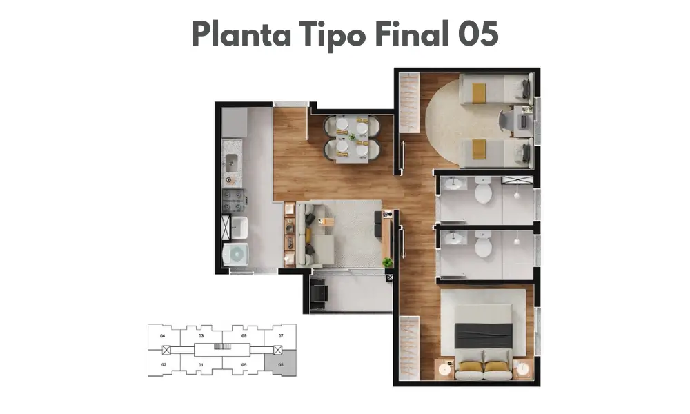 Planta do apartamento de 2 quartos com suíte (49,80 m²) no Torres de Novara